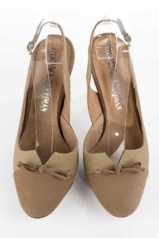 Tan beige women's open back shoes, with a knot. Round toe. Very high slim heel. Top view - Florence KOOIJMAN